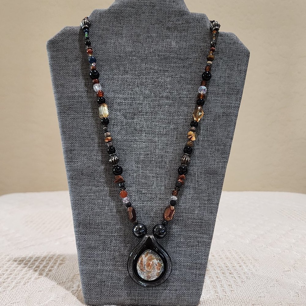Artisan BOHO Earth Tone Large Blown Glass Swirl Pendant Beaded Long Necklace